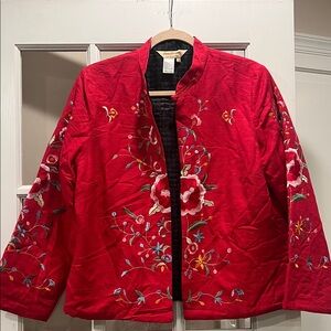 Norm Thompson Silk Red Floral Bomber Jacket Vintage